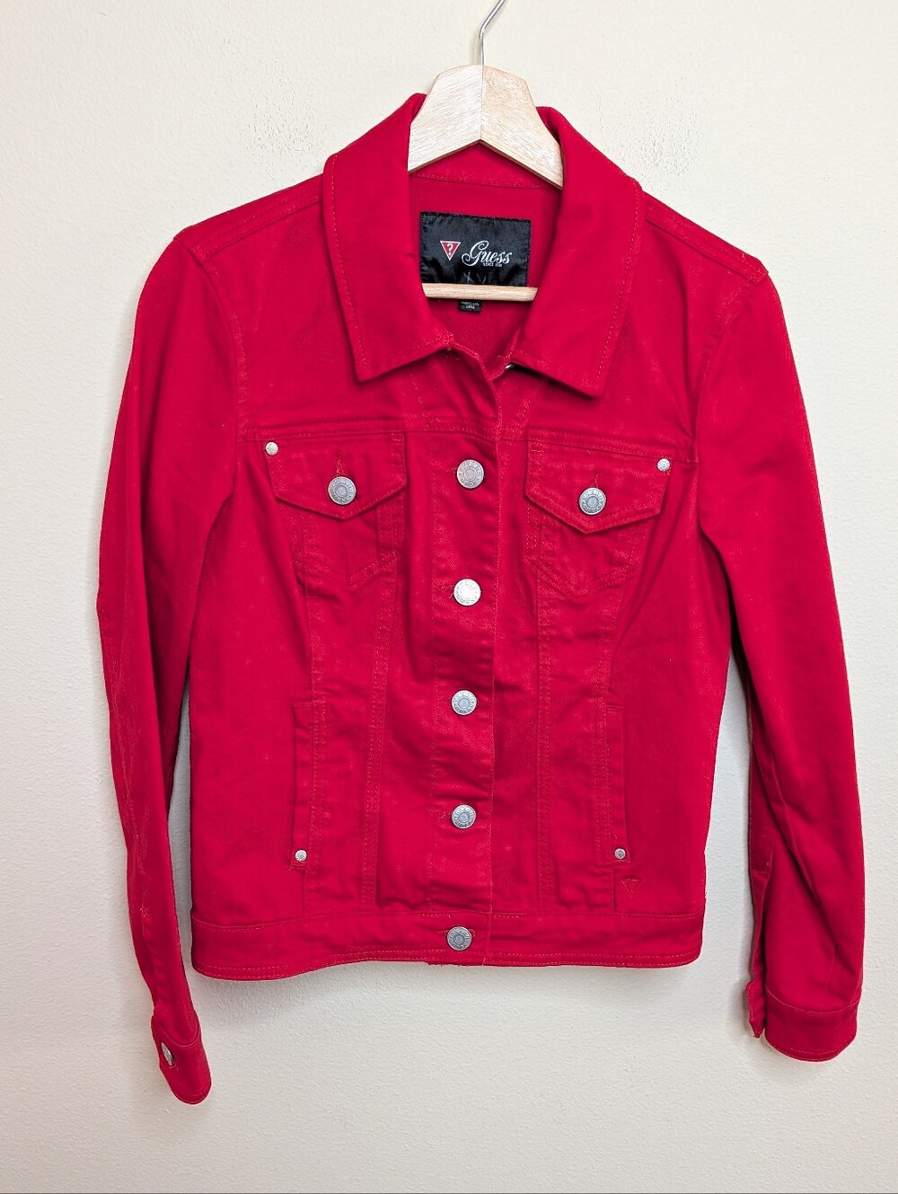 Guess Red Denim Jacket Women's Size L Stretch Trucker Jean Jacket
